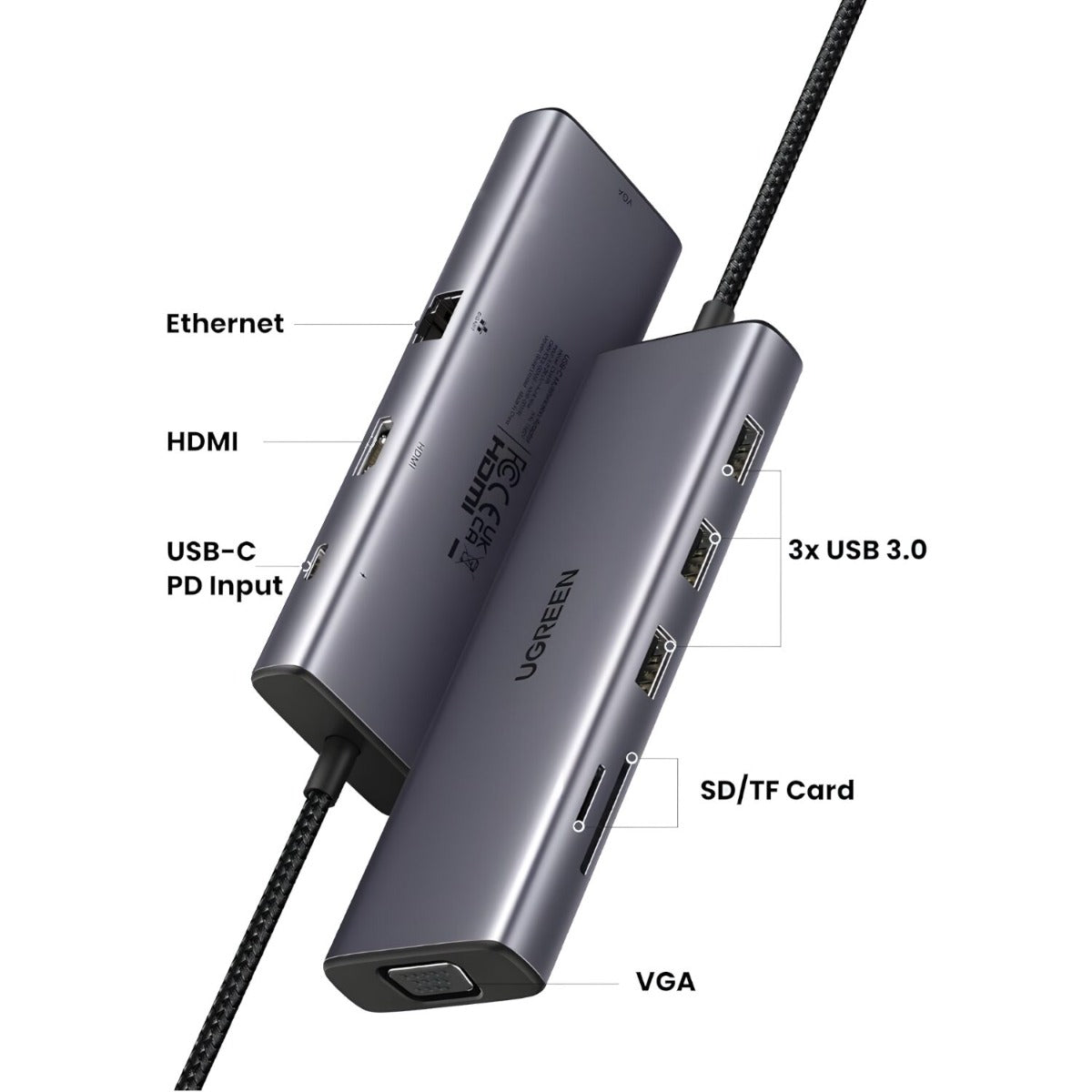 UGREEN 9-in-1 Type C Hub | HDMI | VGA | LAN | SD/TF | 100W PD | USB3.0 - Silver