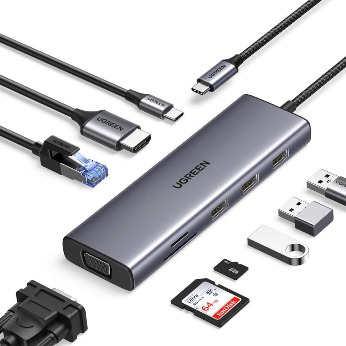UGREEN 9-in-1 Type C Hub | HDMI | VGA | LAN | SD/TF | 100W PD | USB3.0 - Silver