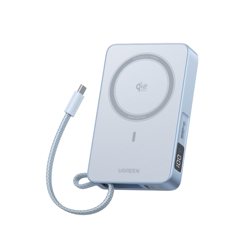 UGREEN Magnetic Wireless Power Bank With Built-in Cable 10000mAh – Blue - Blue
