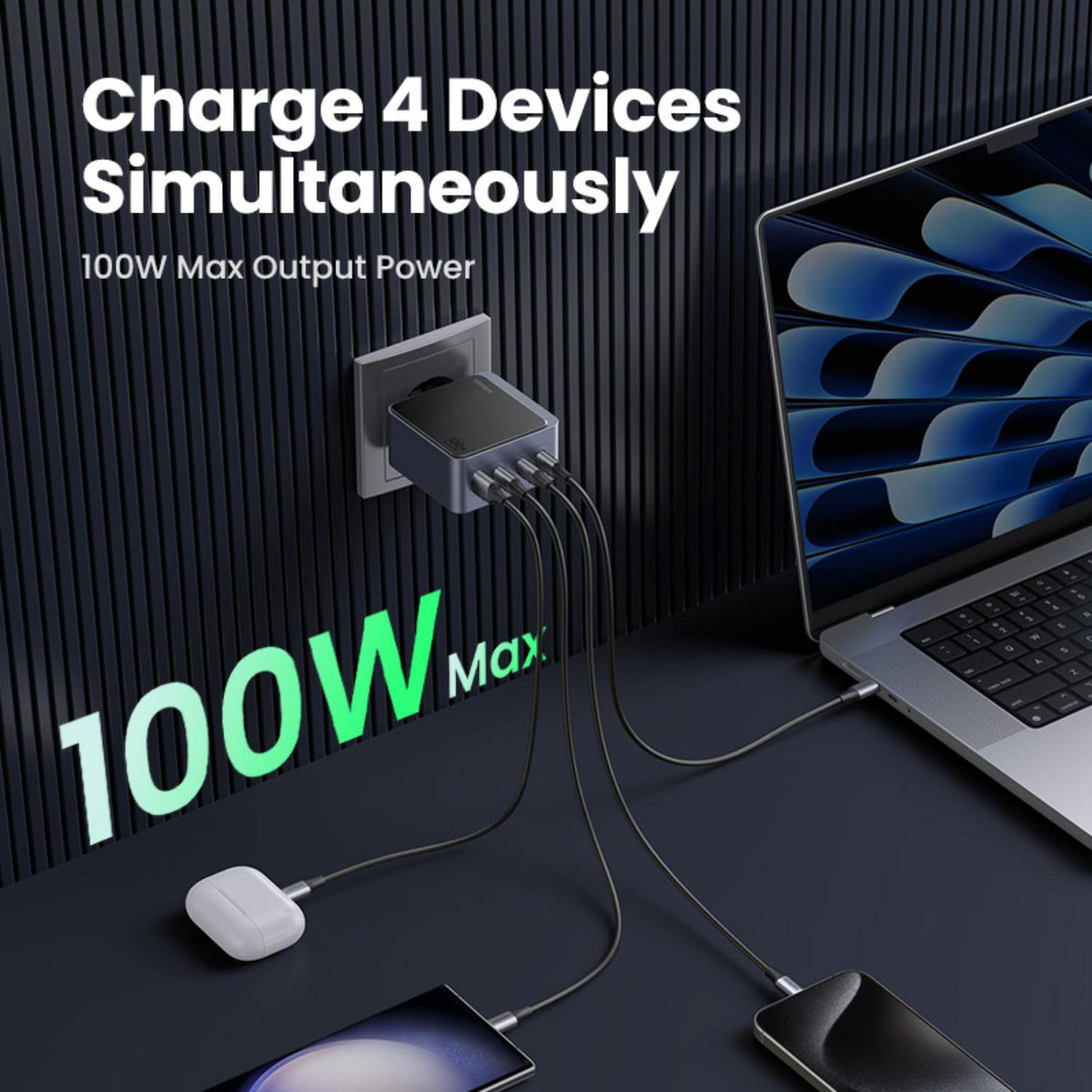 UGREEN Nexode 4 Port PD/USB Wall Charger 100W - Grey/Black - Grey/Black