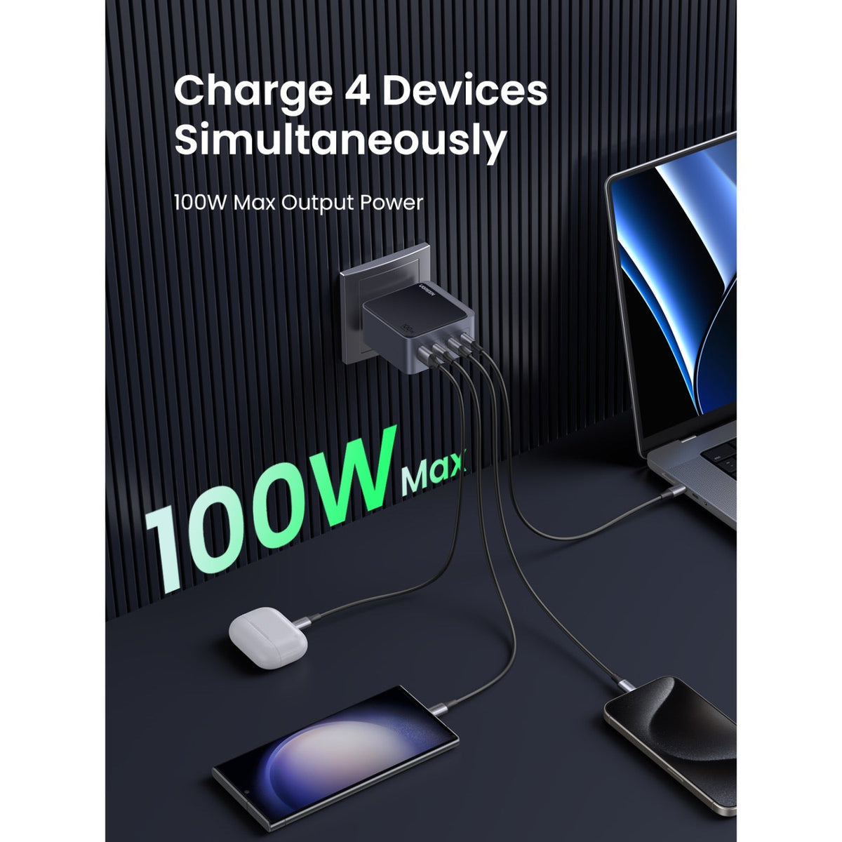UGREEN Nexode 4 Port PD/USB Wall Charger 100W - Grey/Black - Grey/Black