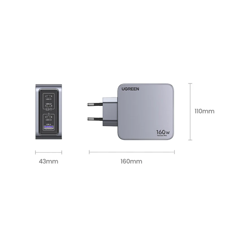 UGreen Nexode Pro 4 Port PD/USB Wall Charger - Grey - Grey
