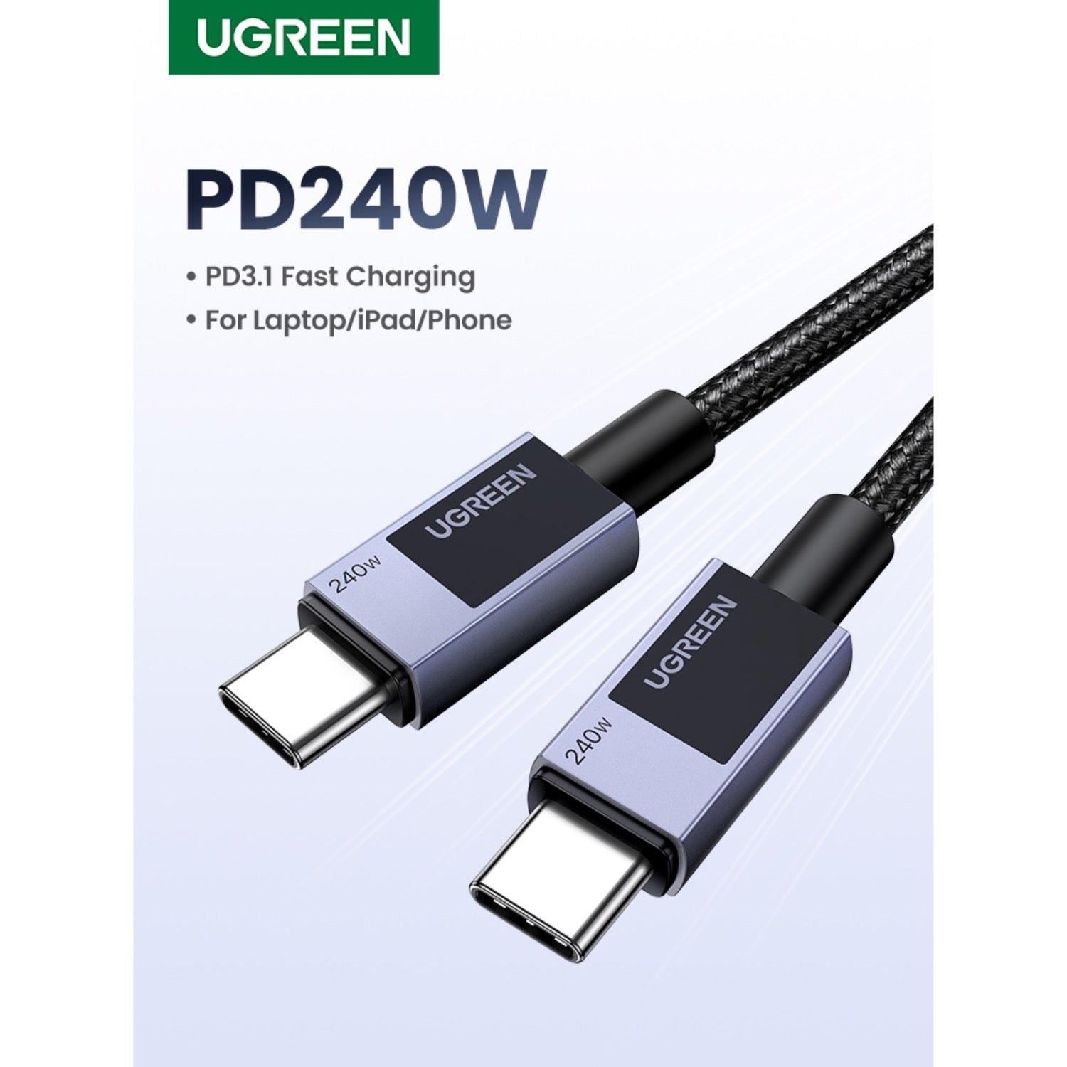 UGREEN Type-C To Type-C Braided Cable 240W 2 Metre - Grey - Grey