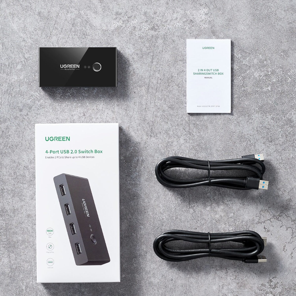 UGREEN USB 2.0 4-Port Switch Box & 1.5M USB Cables - Black