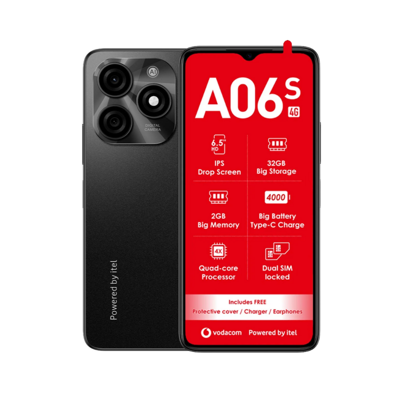 Vodacom A06s 4G Dual Sim 64GB Vodacom Network Lock- Black - Black