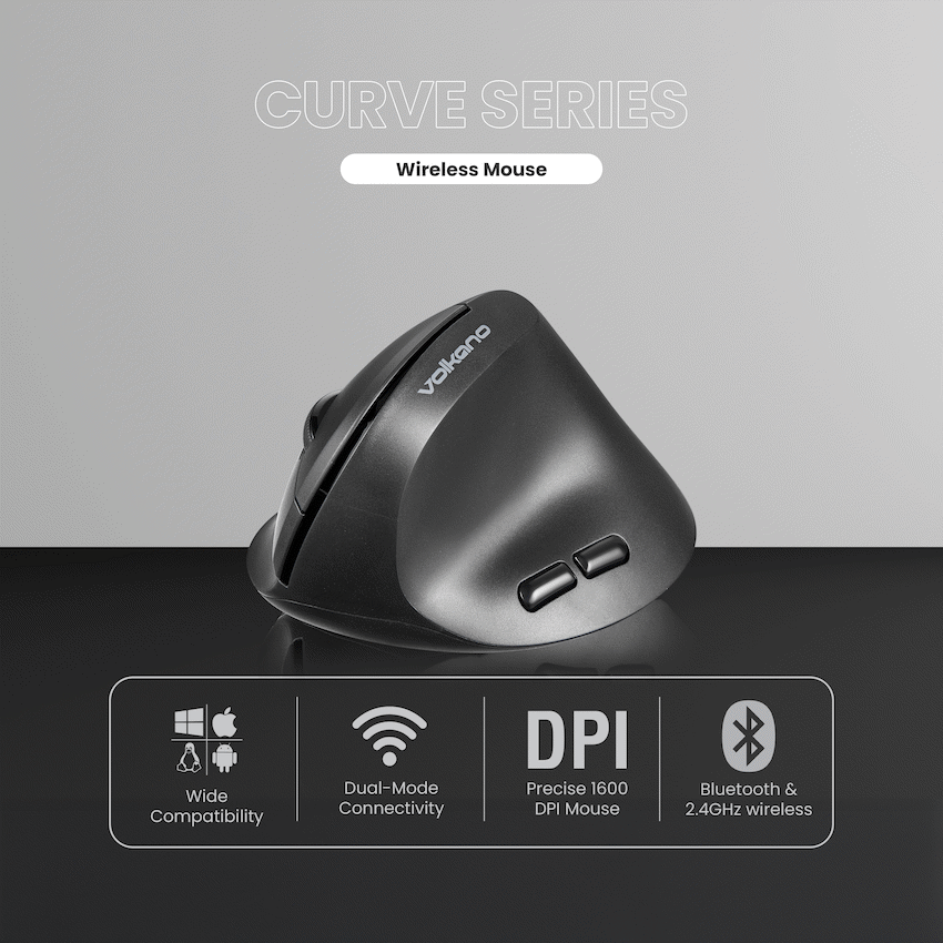 Volkano Curve Series Ergonomic Bluetooth Wireless Mouse - Black - Black - Computer Peripherals