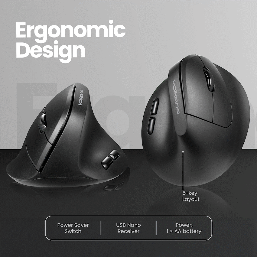 Volkano Curve Series Ergonomic Bluetooth Wireless Mouse - Black - Black - Computer Peripherals