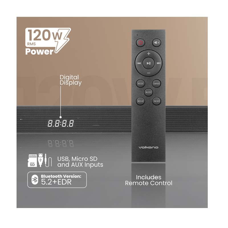 Volkano Dynasty (120W) Soundbar & Wireless Subwoofer - Black - Audio
