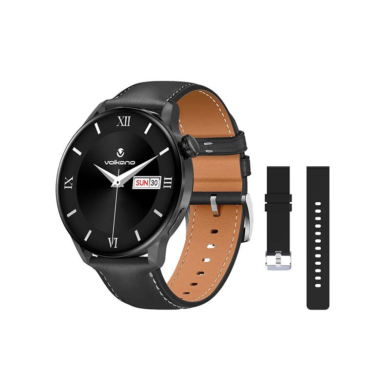 Volkano Fit Forte Series Smart Watch with Leather Strap - Black - Black