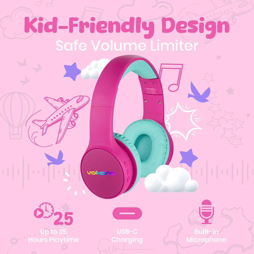 Volkano Kids Atlas Bluetooth Padded Headphones with dB Switch Function - Pink - Audio