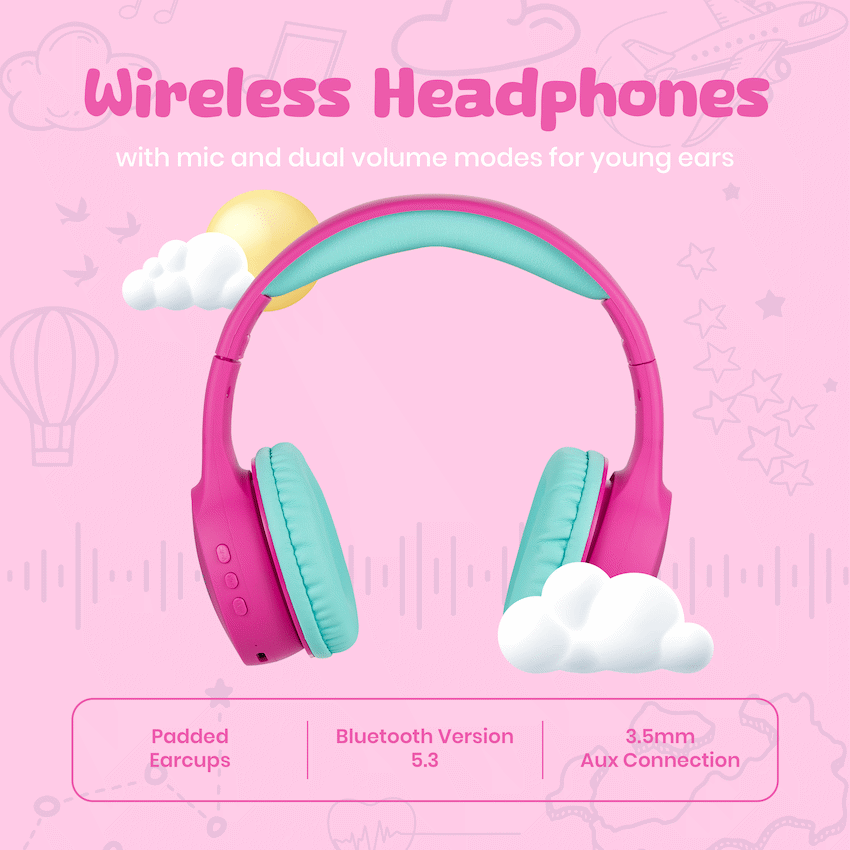 Volkano Kids Atlas Bluetooth Padded Headphones with dB Switch Function - Pink - Audio