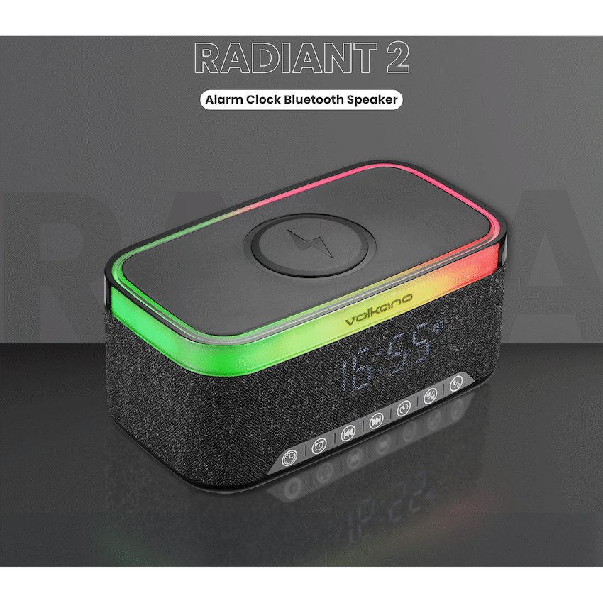 Volkano Radiant 2 Alarm Clock with Wireless Charging and Speaker - Black - Black