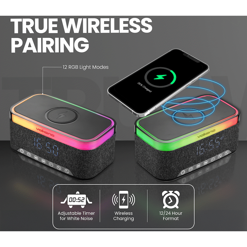 Volkano Radiant 2 Alarm Clock with Wireless Charging and Speaker - Black - Black