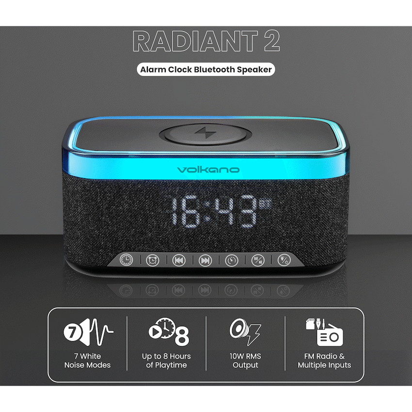 Volkano Radiant 2 Alarm Clock with Wireless Charging and Speaker - Black - Black