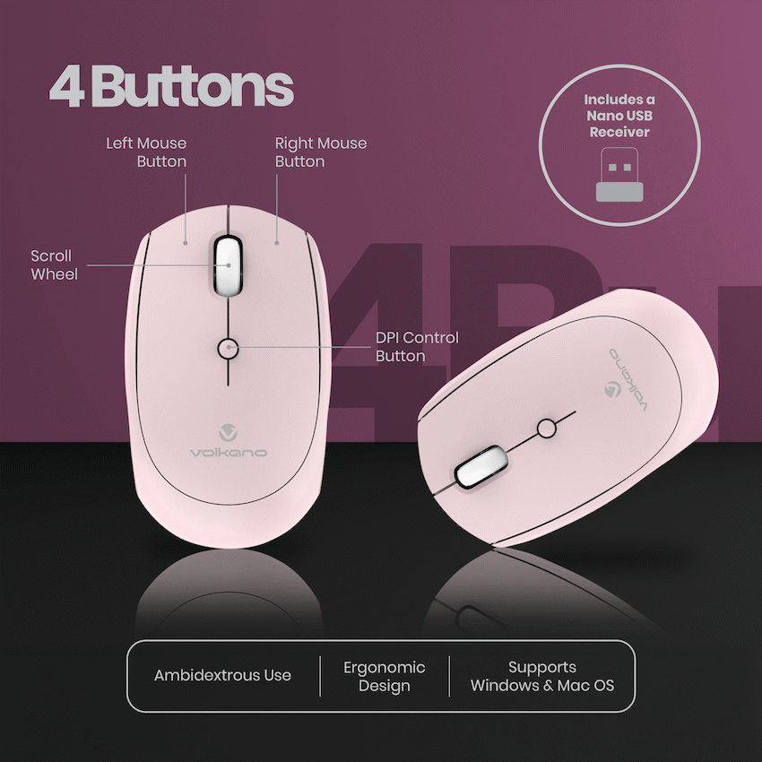 Volkano Talc Wireless Mouse - Pink - Pink - Computer Peripherals