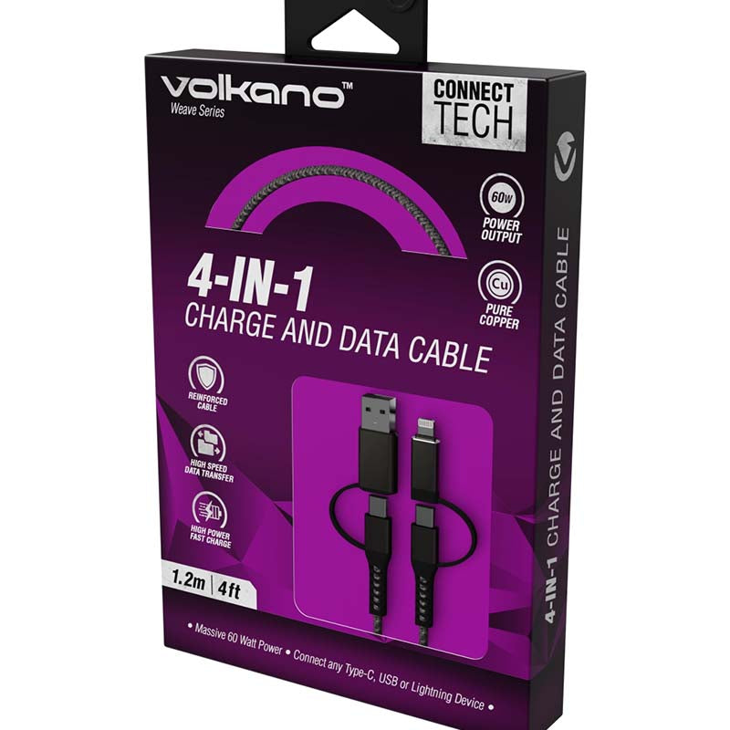Volkano Weave Series 4 in 1 Charge & Data Cable - Black