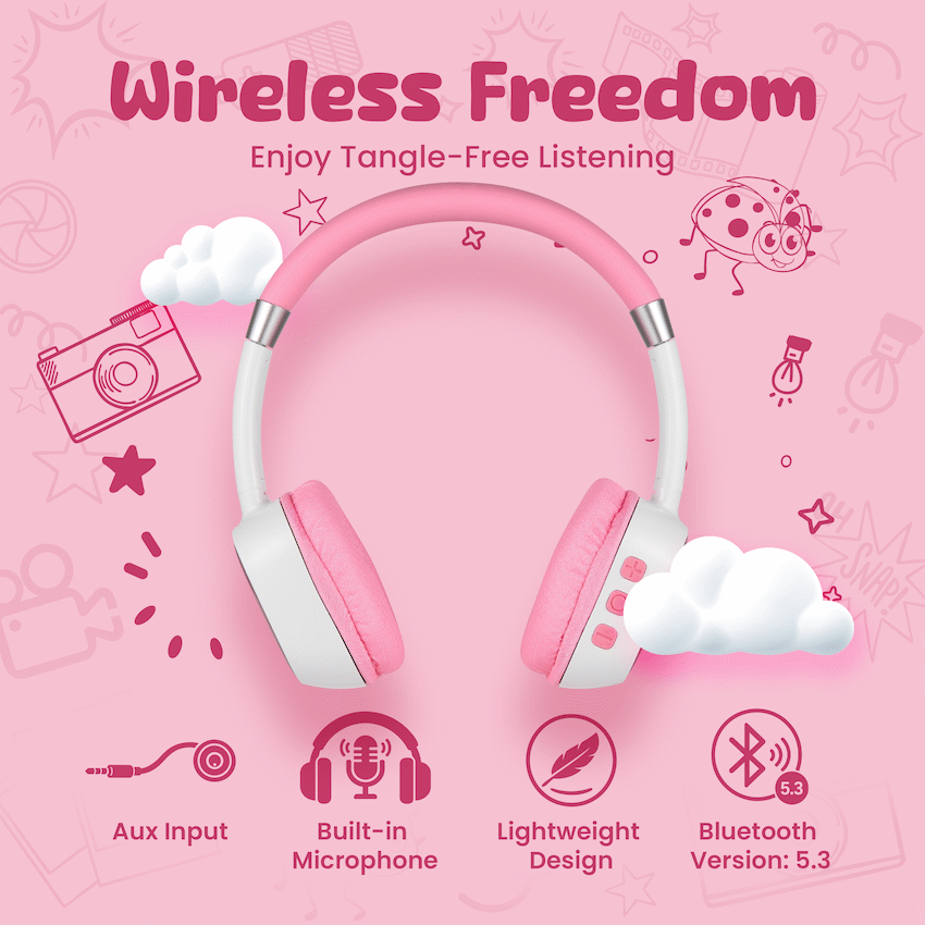 Volkano Wonder Bluetooth Wireless Headphones - Pink - Pink - Audio