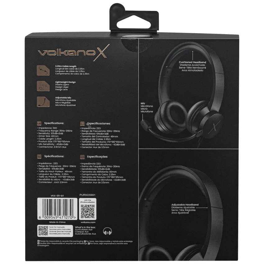 VolkanoX Chat Mk1 Series Wired Headset with Mic (AUX) - Graphite - Black - Computer Peripherals
