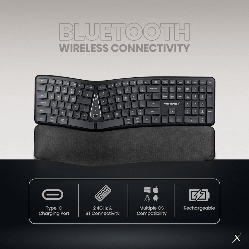 VolkanoX Ergo Bluetooth Wireless Keyboard - Black - Computer Peripherals