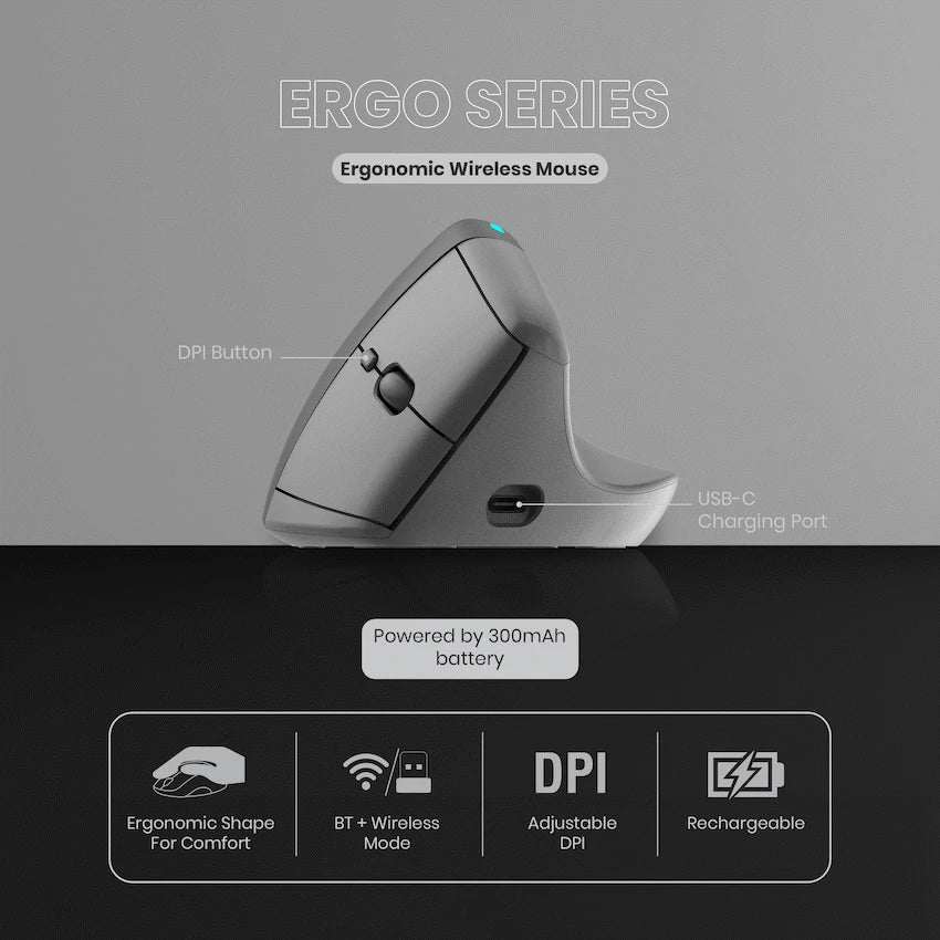 VolkanoX Ergo Bluetooth Wireless Mouse - Black - Computer Peripherals