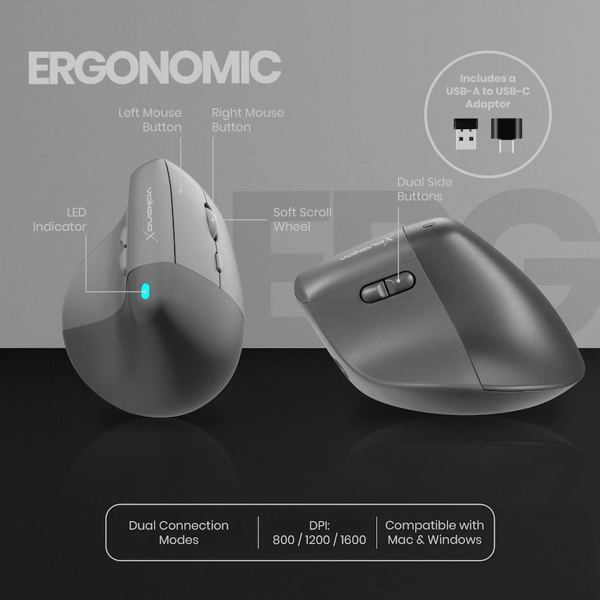 VolkanoX Ergo Bluetooth Wireless Mouse - Black - Computer Peripherals