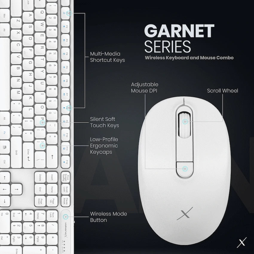 VolkanoX Garnet Bluetooth Wireless Keyboard and Mouse Combo - White - White - Computer Peripherals