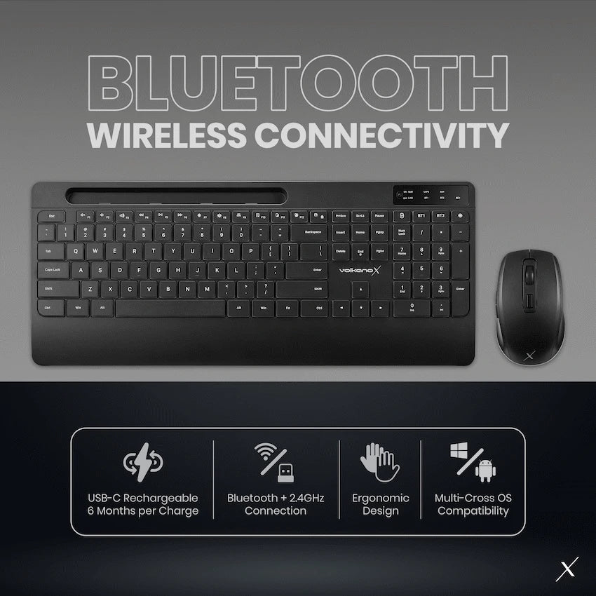VolkanoX Gem Bluetooth Wireless Keyboard and Mouse - Black - Black - Computer Peripherals