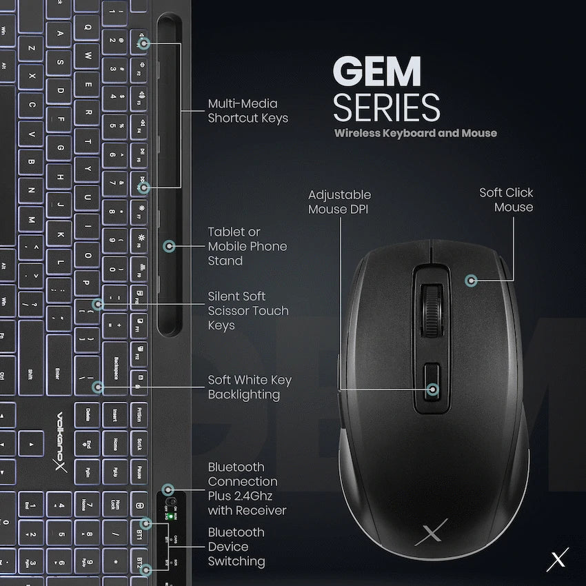 VolkanoX Gem Bluetooth Wireless Keyboard and Mouse - Black - Black - Computer Peripherals