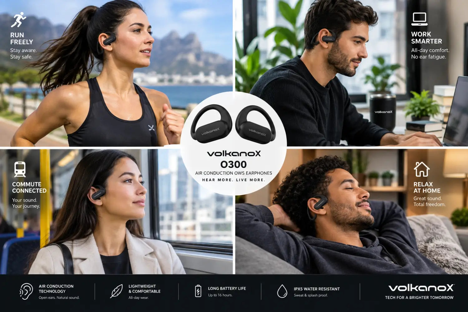 VolkanoX O300 Air Conduction OWS Earphones - Black