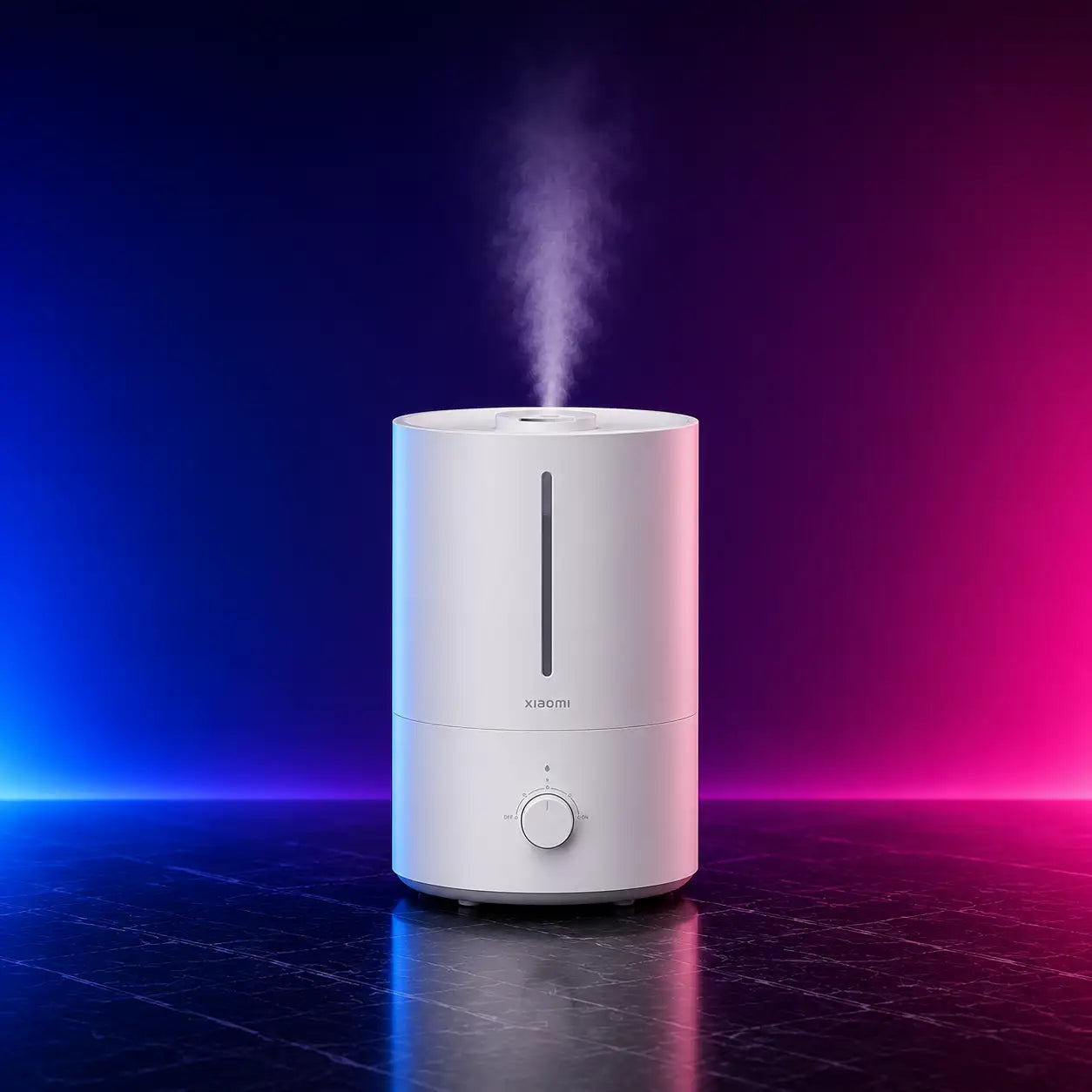 White cylindrical xiaomi humidifier with a sleek, minimalist design and subtle branding.