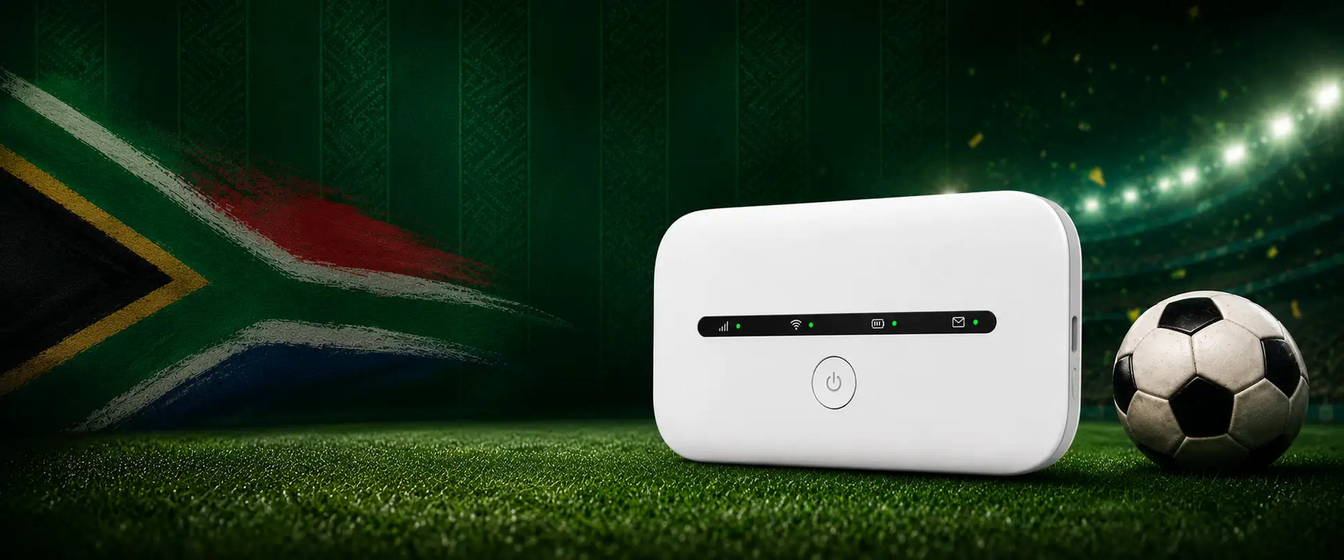 White rectangular portable wi-fi hotspot with a circular power button and indicator lights.