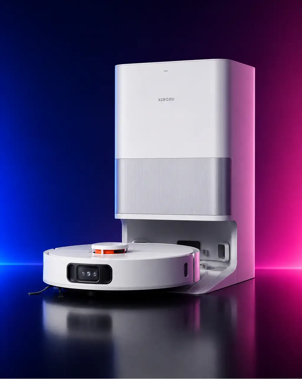 White xiaomi robotic vacuum cleaner and its matching base station