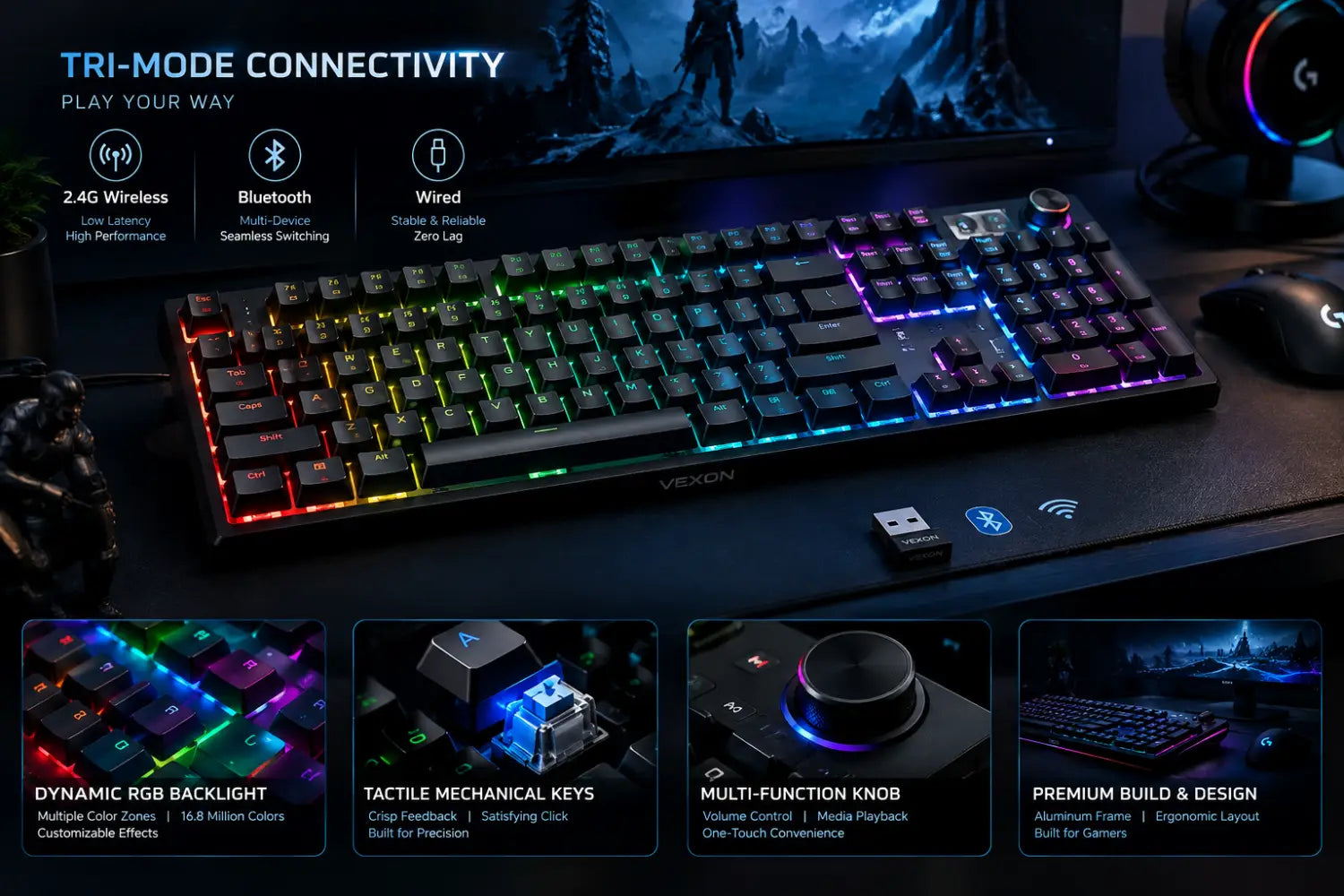 Redragon SHIVA K522 PRO RGB Wireless Gaming Keyboard- Black