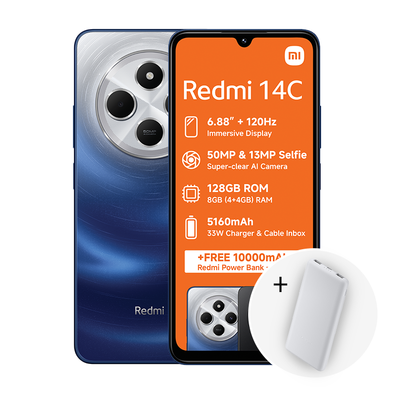 Xiaomi Redmi 14C 4G Dual Sim 128GB - Blue + Xiaomi Power Bank 10000mAh 22.5W - Blue