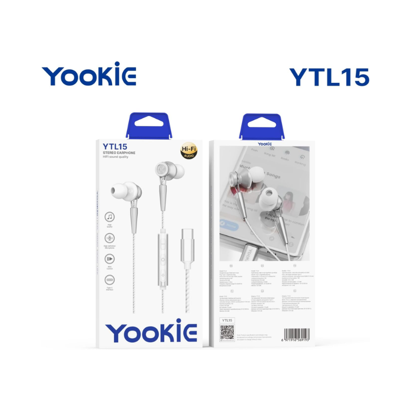 Yookie YTL-15 Wired Earphones Type-C - White&Silver - White Silver