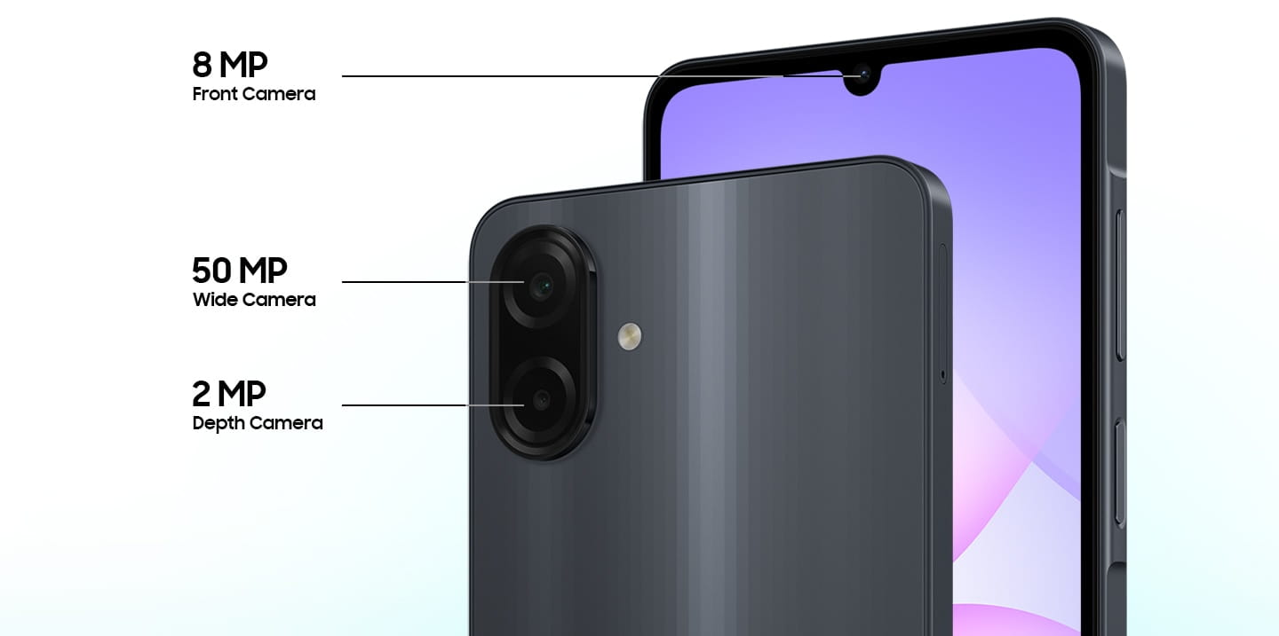 Two Galaxy A07 devices. One viewed from the back, showcasing the 50 MP Wide Camera and 2 MP Depth Camera. The other viewed from the front, highlighting the 8 MP Front Camera.