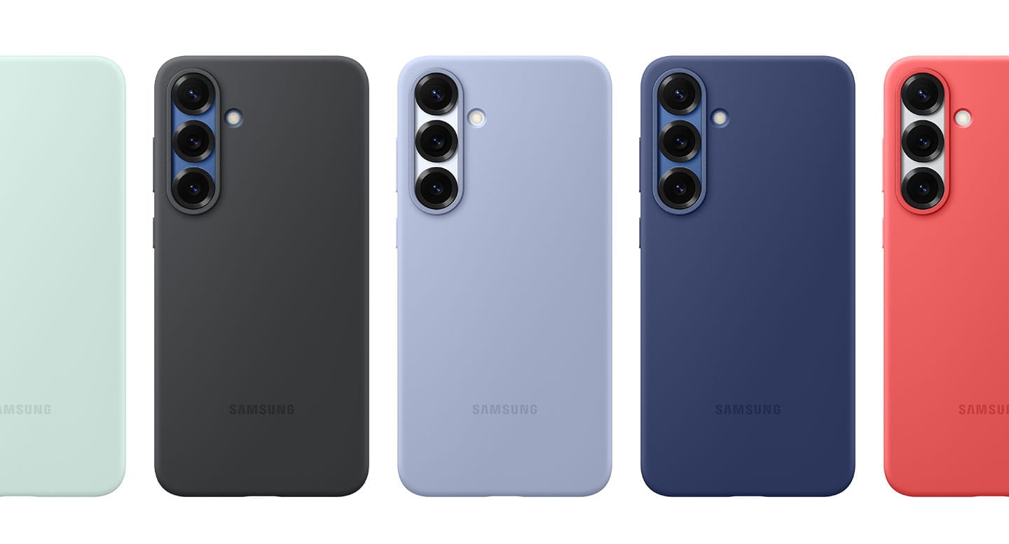All available colour options that Blue, Black, Light Blue, Mint and Red for the Silicone Case for Galaxy S25+ are shown.