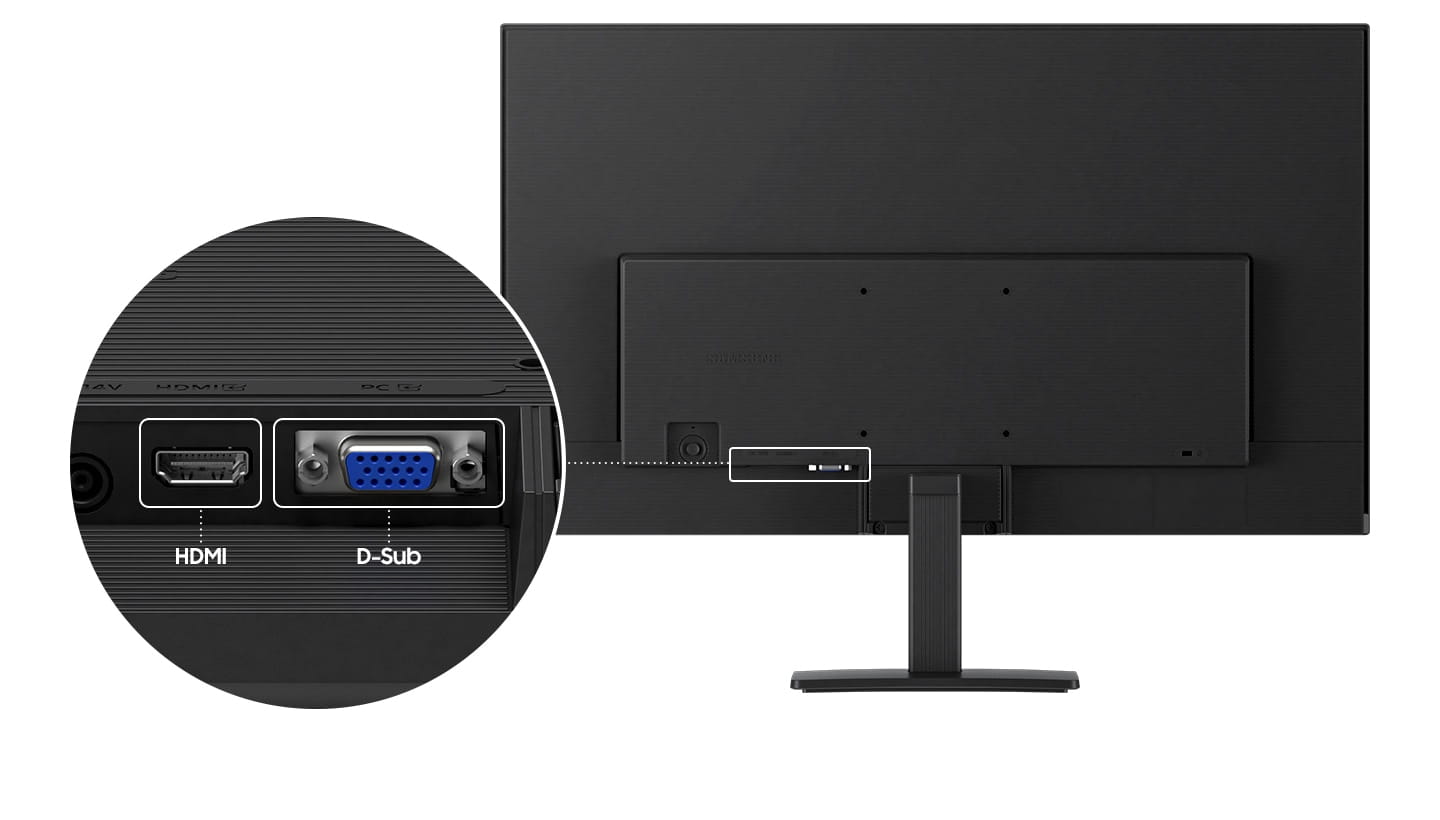 The backside of the monitor is shown, and its ports are being closed up. It has an HDMI and D-sub port.
