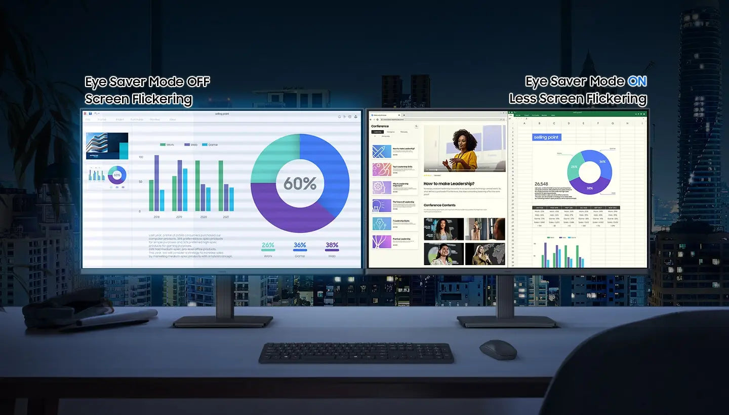 There are two monitors, and the left one flickers and emits blue light since the Eye Saver Mode is off. The right one is less flickering and does not emit blue light as its Eye Saver Mode is on.