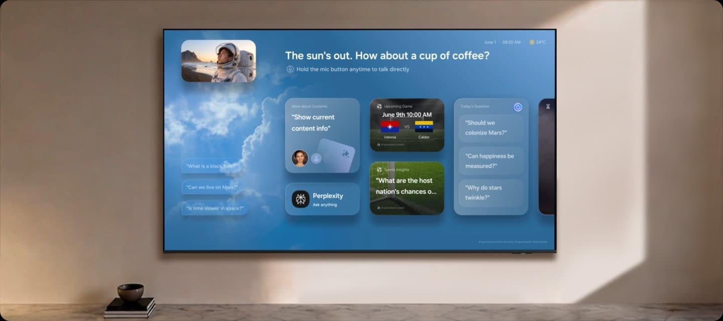 Samsung TV playing football scene with examples of Bixby answering user questions on screen related to the game.