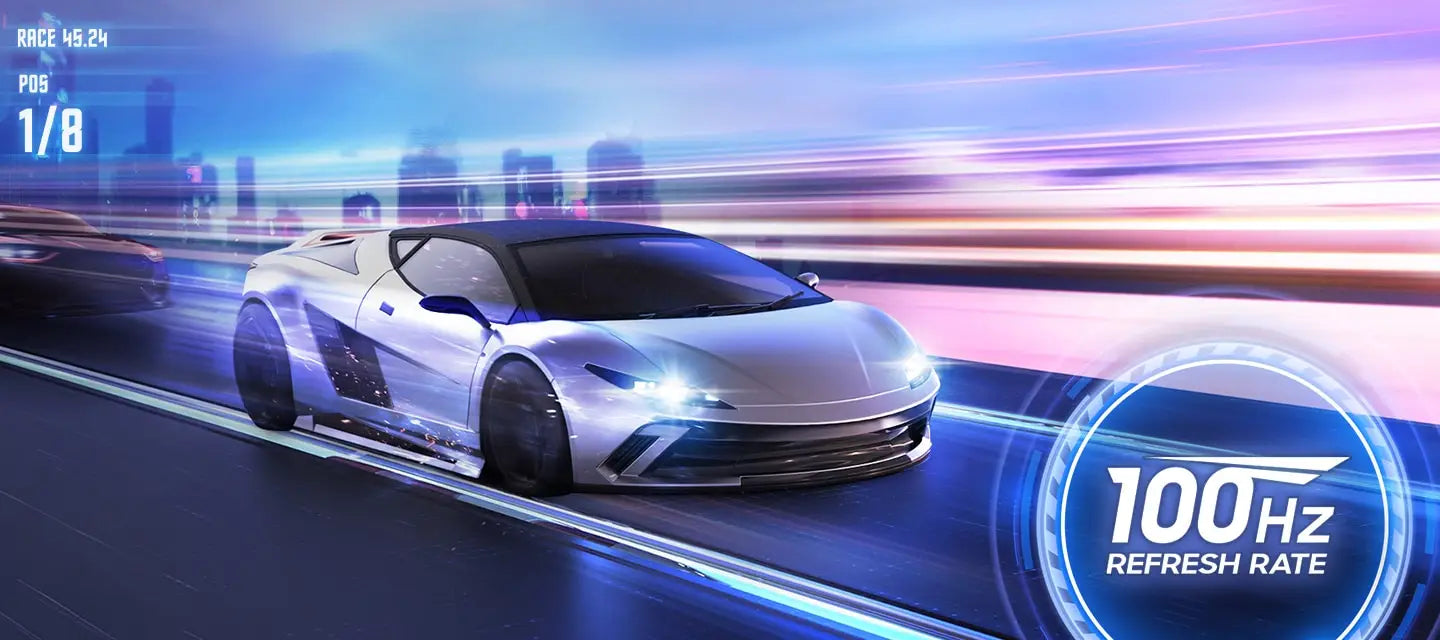 A sports car is outracing another car. 100Hz REFRESH RATE.