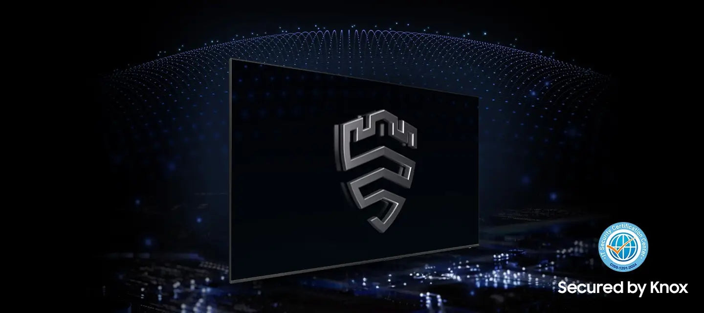 A multi-layered security solution is creating a dome-like enclosure behind a TV that's secured by Knox. The screen features the Samsung Knox emblem. Bottom right corner shows IT Security Certification Center badge. Underneath it reads ‘Secured by Knox’.