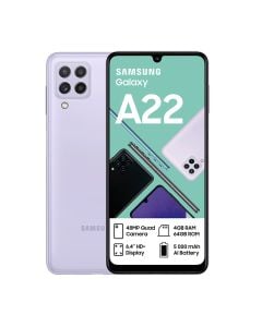 Samsung Galaxy A22 LTE in light purple sold by Technomobi. Viewed from front and back.