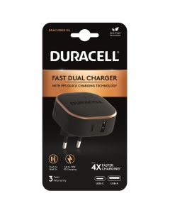 Duracell PD 30W + QC3.0 18W Shared Fast Dual USB Wall Charger in Black sold by Technomobi