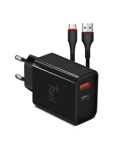 Toni Fast Charge Dual Port Wall Charger With Type C Cable in Black sold by Technomobi