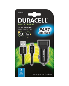Duracell 2.4A Car Charger + 1m Micro USB Cable - Black